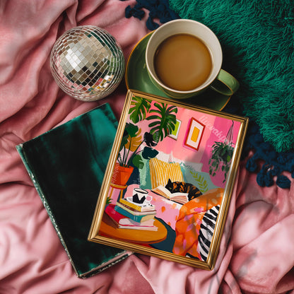 Tortoiseshell Cat Reading in Bed Print – Cozy Bedroom Art Book Lover Gift Pink Plant Decor Tortie Cat Owner Reading Nook Wall Art