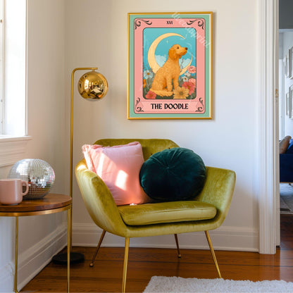 Goldendoodle Tarot Card Print – The Doodle Dog Lover Gift Vintage Mystical Wall Art Labradoodle Owner Moon Flowers Spiritual Decor