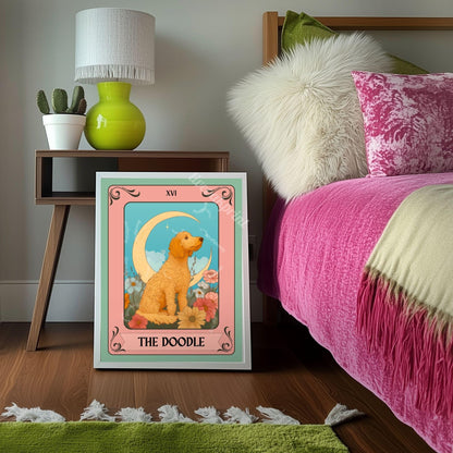 Goldendoodle Tarot Card Print – The Doodle Dog Lover Gift Vintage Mystical Wall Art Labradoodle Owner Moon Flowers Spiritual Decor