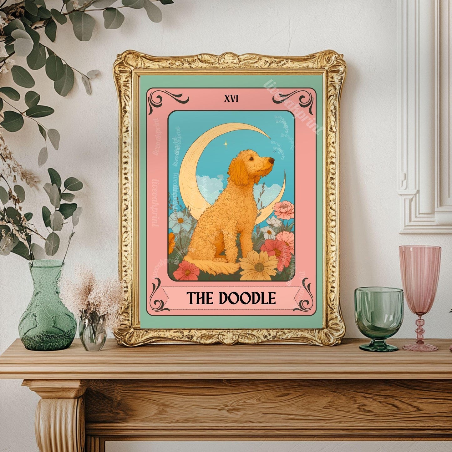 Goldendoodle Tarot Card Print – The Doodle Dog Lover Gift Vintage Mystical Wall Art Labradoodle Owner Moon Flowers Spiritual Decor