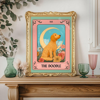 Goldendoodle Tarot Card Print – The Doodle Dog Lover Gift Vintage Mystical Wall Art Labradoodle Owner Moon Flowers Spiritual Decor