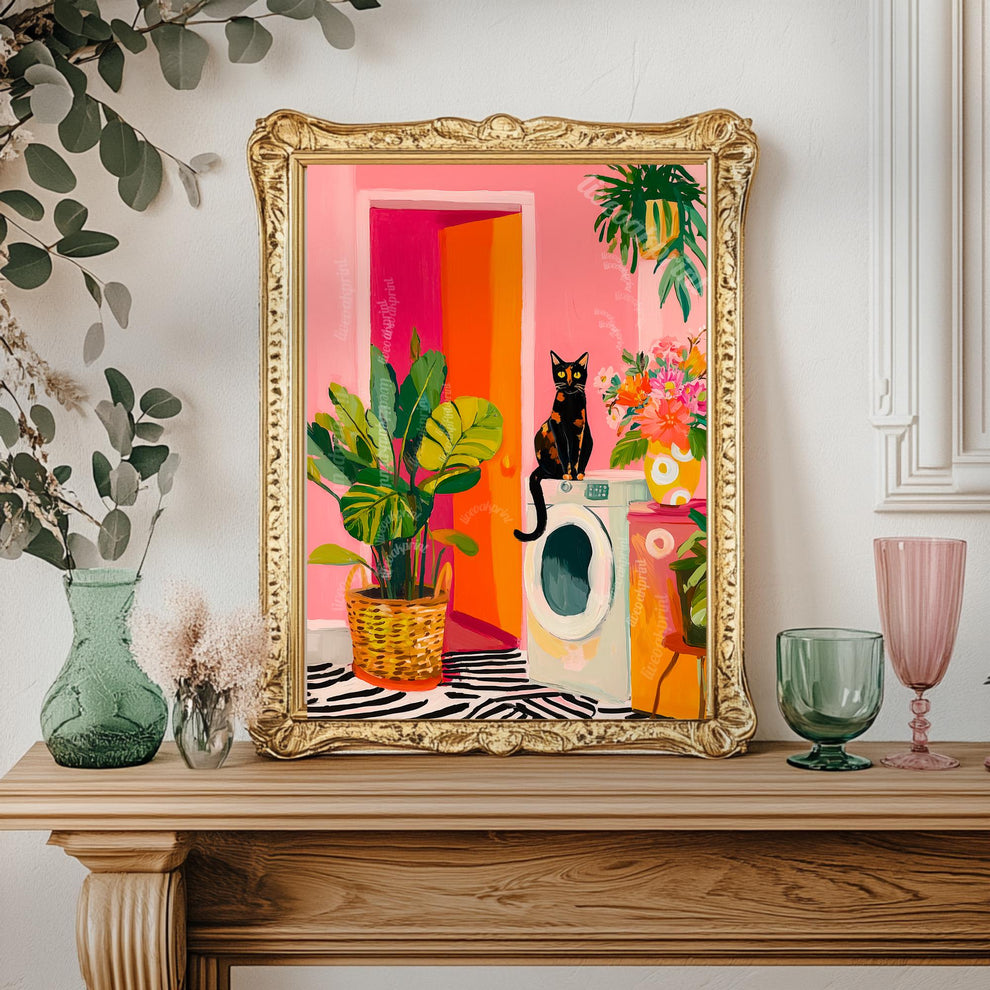 Tortie Cat Laundry Room Print – Pink Washroom Wall Art Plant Decor Tortoiseshell Cat Owner Gift Maximalist Bathroom Utility Room