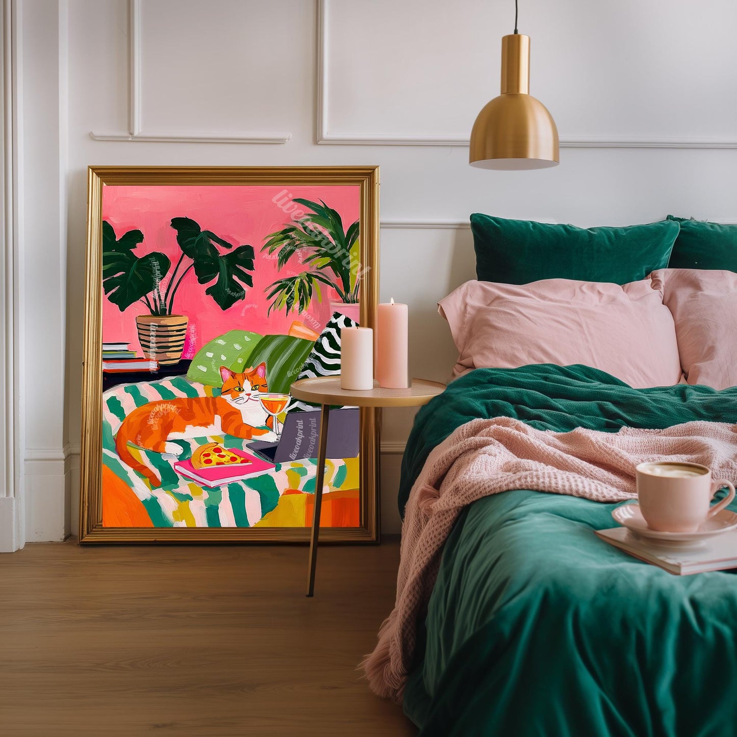 Orange Cat Pizza Print – Cozy Living Room Art Cocktail Wall Decor Orange Tabby Cat Lover Gift Plant Art Maximalist Home