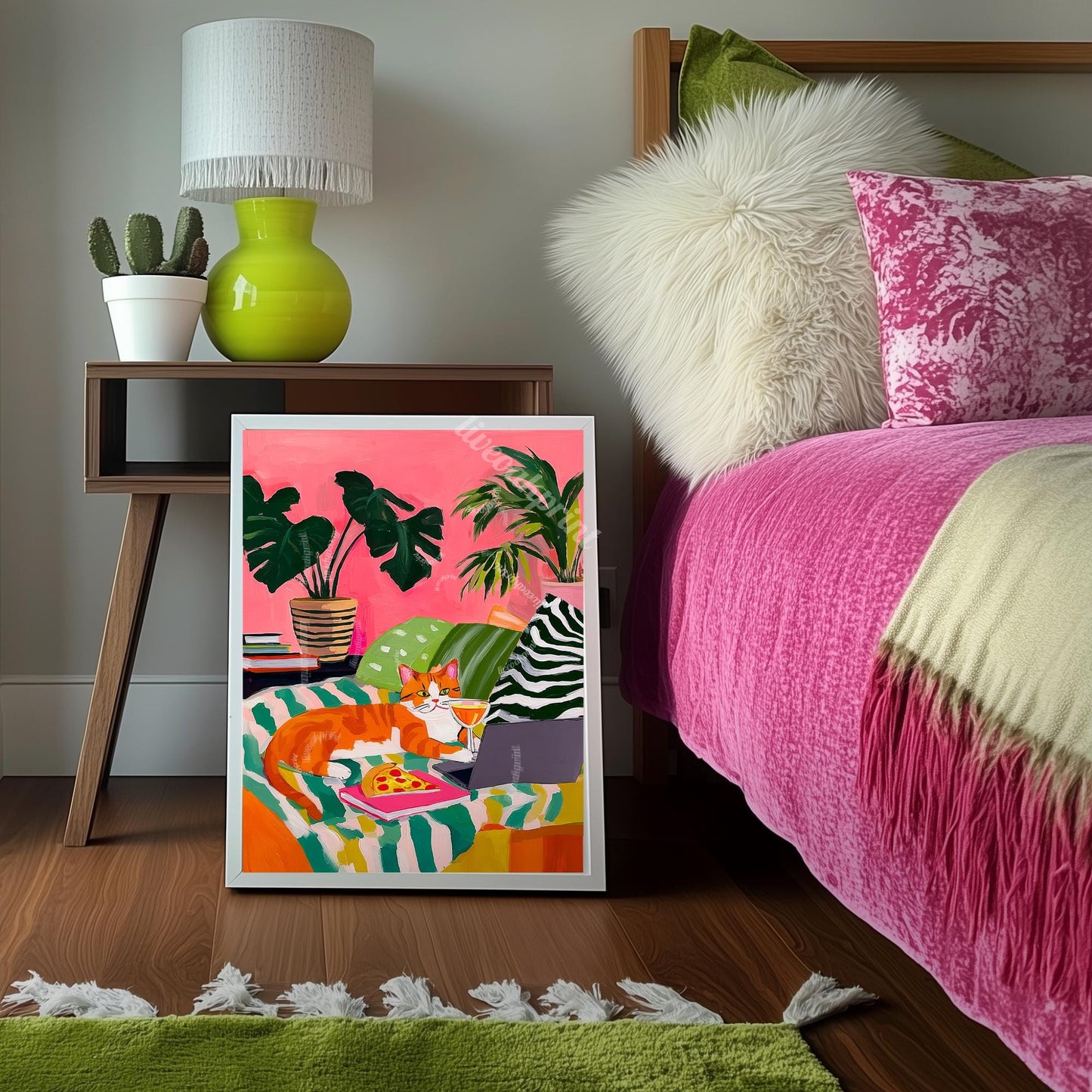 Orange Cat Pizza Print – Cozy Living Room Art Cocktail Wall Decor Orange Tabby Cat Lover Gift Plant Art Maximalist Home