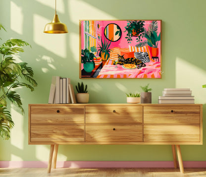 Tortoiseshell Cat Pizza Print – Horizontal Living Room Art Pink Couch Wall Decor Plant Lover Gift Above Couch Art Maximalist