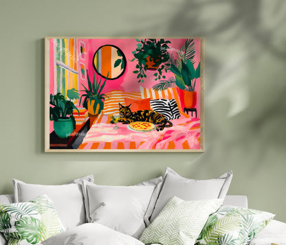 Tortoiseshell Cat Pizza Print – Horizontal Living Room Art Pink Couch Wall Decor Plant Lover Gift Above Couch Art Maximalist