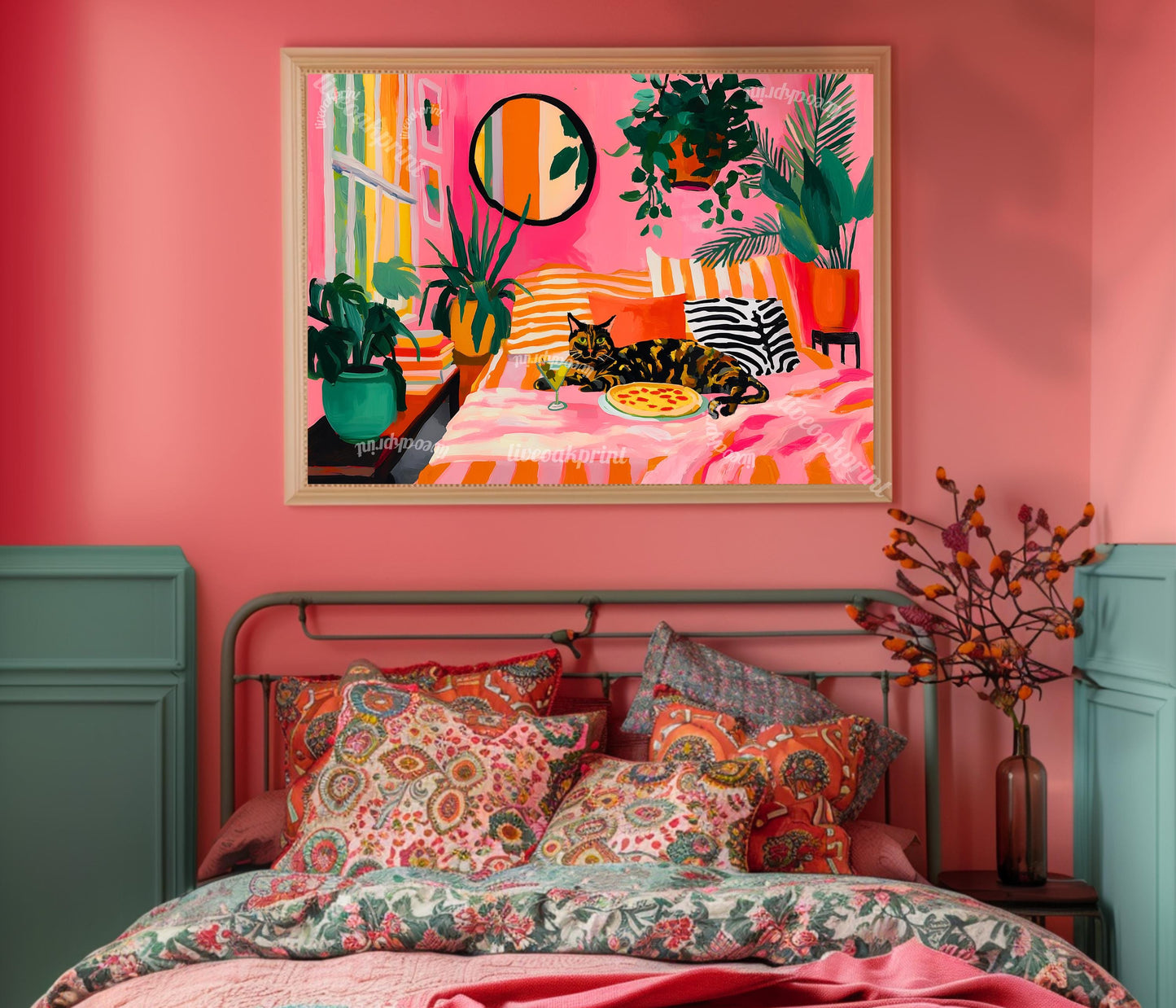 Tortoiseshell Cat Pizza Print – Horizontal Living Room Art Pink Couch Wall Decor Plant Lover Gift Above Couch Art Maximalist