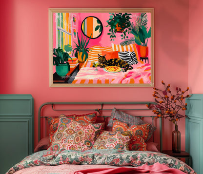 Tortoiseshell Cat Pizza Print – Horizontal Living Room Art Pink Couch Wall Decor Plant Lover Gift Above Couch Art Maximalist