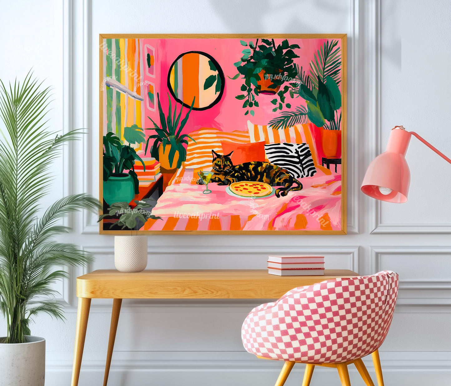 Tortoiseshell Cat Pizza Print – Horizontal Living Room Art Pink Couch Wall Decor Plant Lover Gift Above Couch Art Maximalist