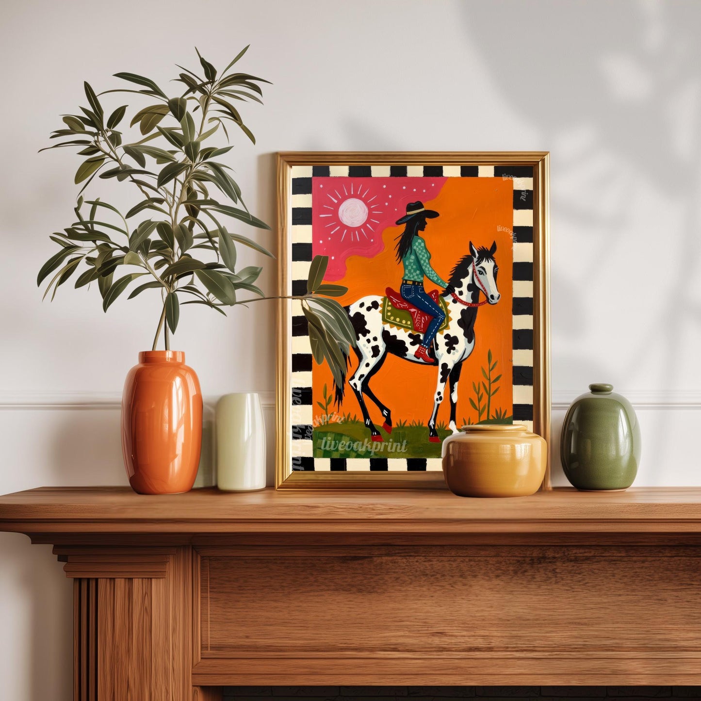 Pink Cowgirl Riding Horse Print: Western Folk Art Boho Southwest Desert Scene
