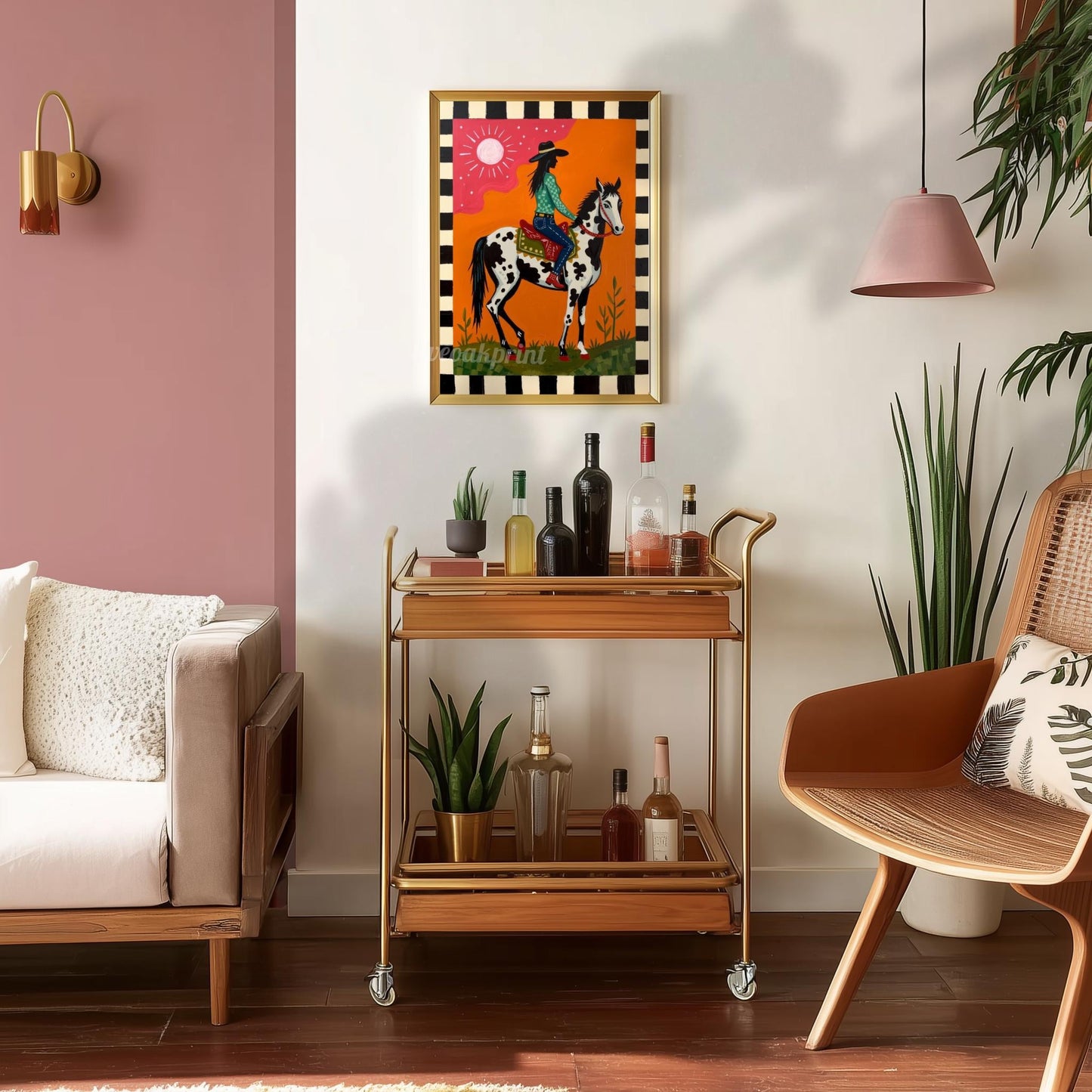 Pink Cowgirl Riding Horse Print: Western Folk Art Boho Southwest Desert Scene
