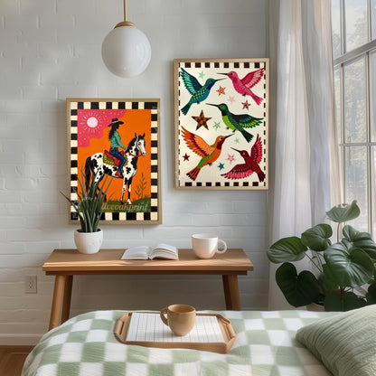 Pink Cowgirl Riding Horse Print: Western Folk Art Boho Southwest Desert Scene