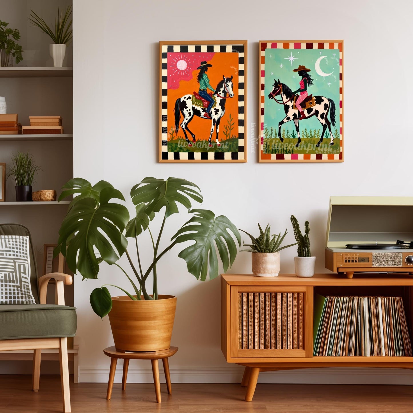 Pink Cowgirl Riding Horse Print: Western Folk Art Boho Southwest Desert Scene