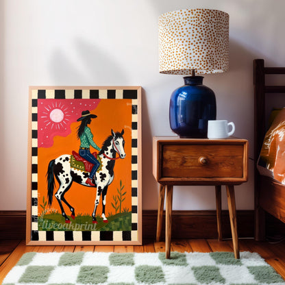 Pink Cowgirl Riding Horse Print: Western Folk Art Boho Southwest Desert Scene