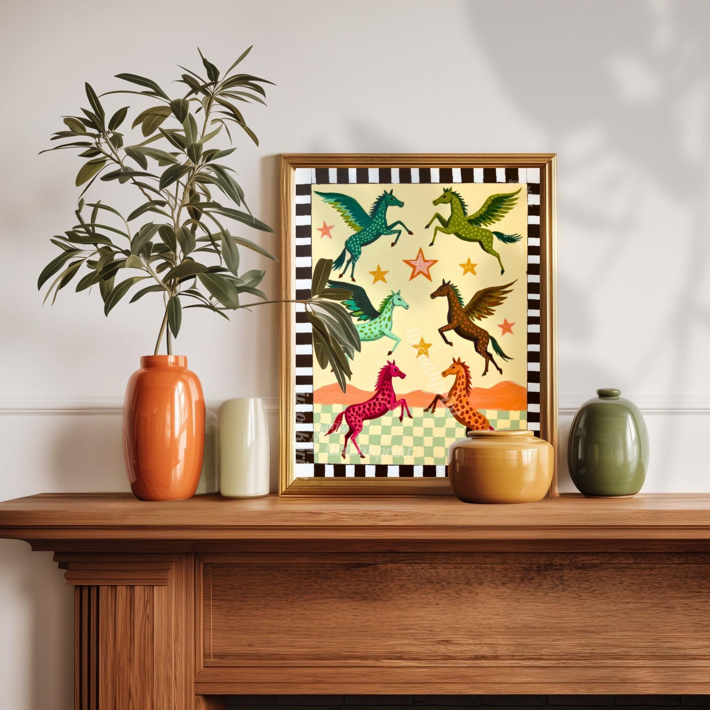 Folk Art Pegasus Print – Colorful Winged Horses Nursery Wall Art