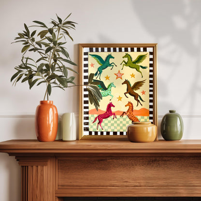 Folk Art Pegasus Print – Colorful Winged Horses Nursery Wall Art