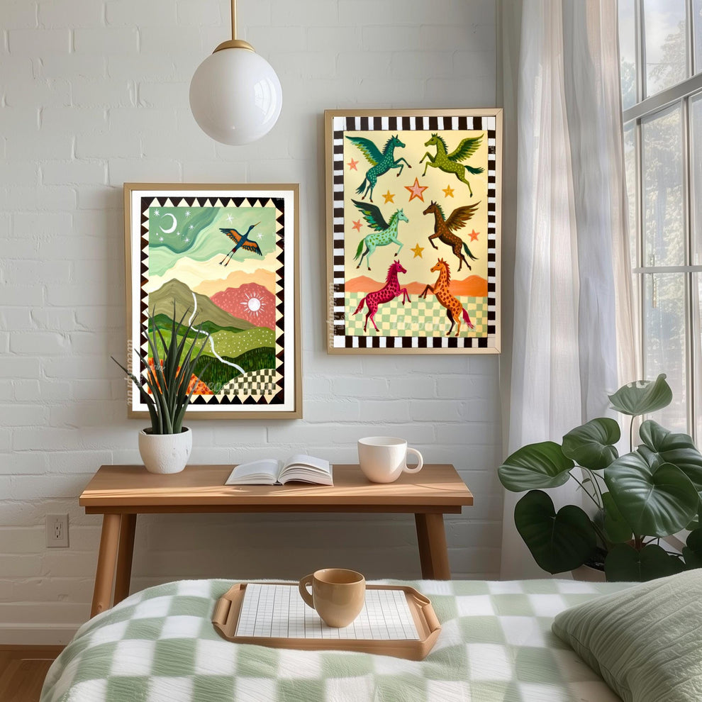 Folk Art Pegasus Print – Colorful Winged Horses Nursery Wall Art