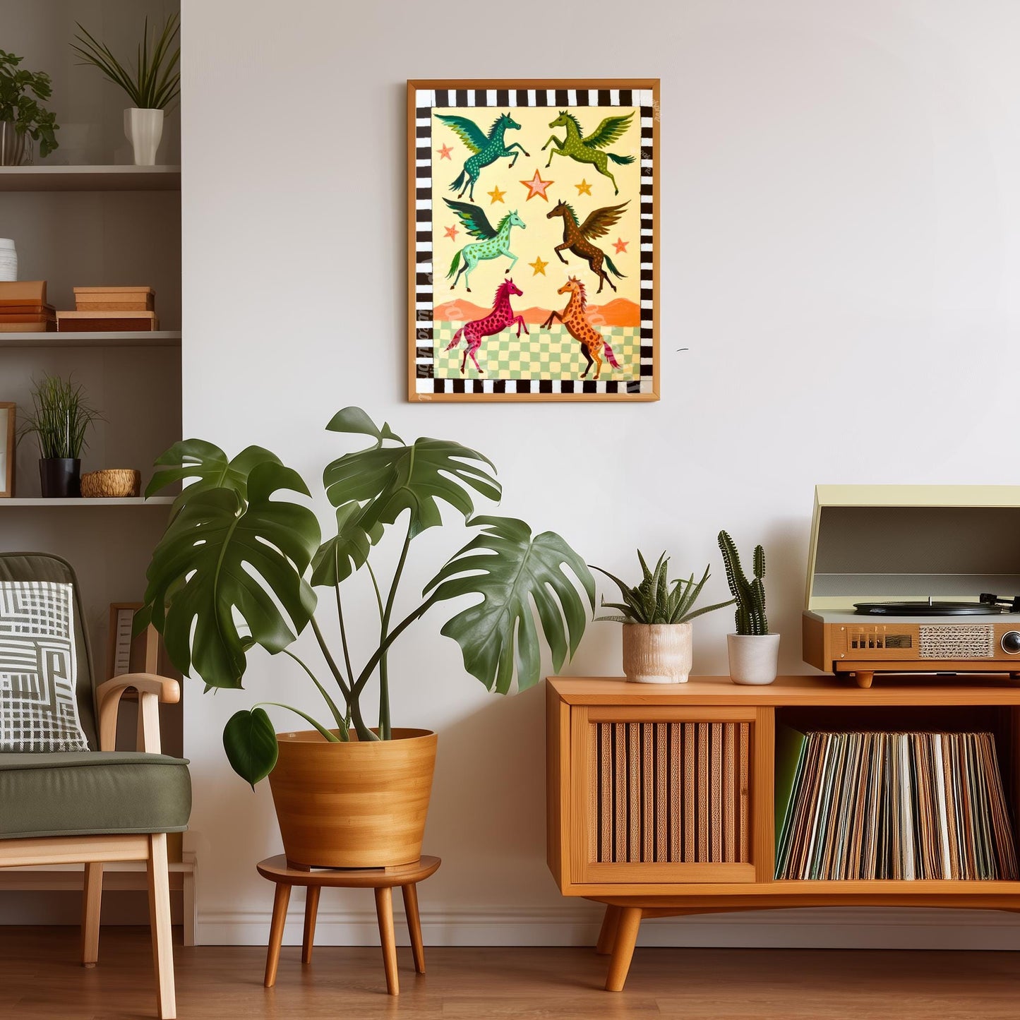 Folk Art Pegasus Print – Colorful Winged Horses Nursery Wall Art