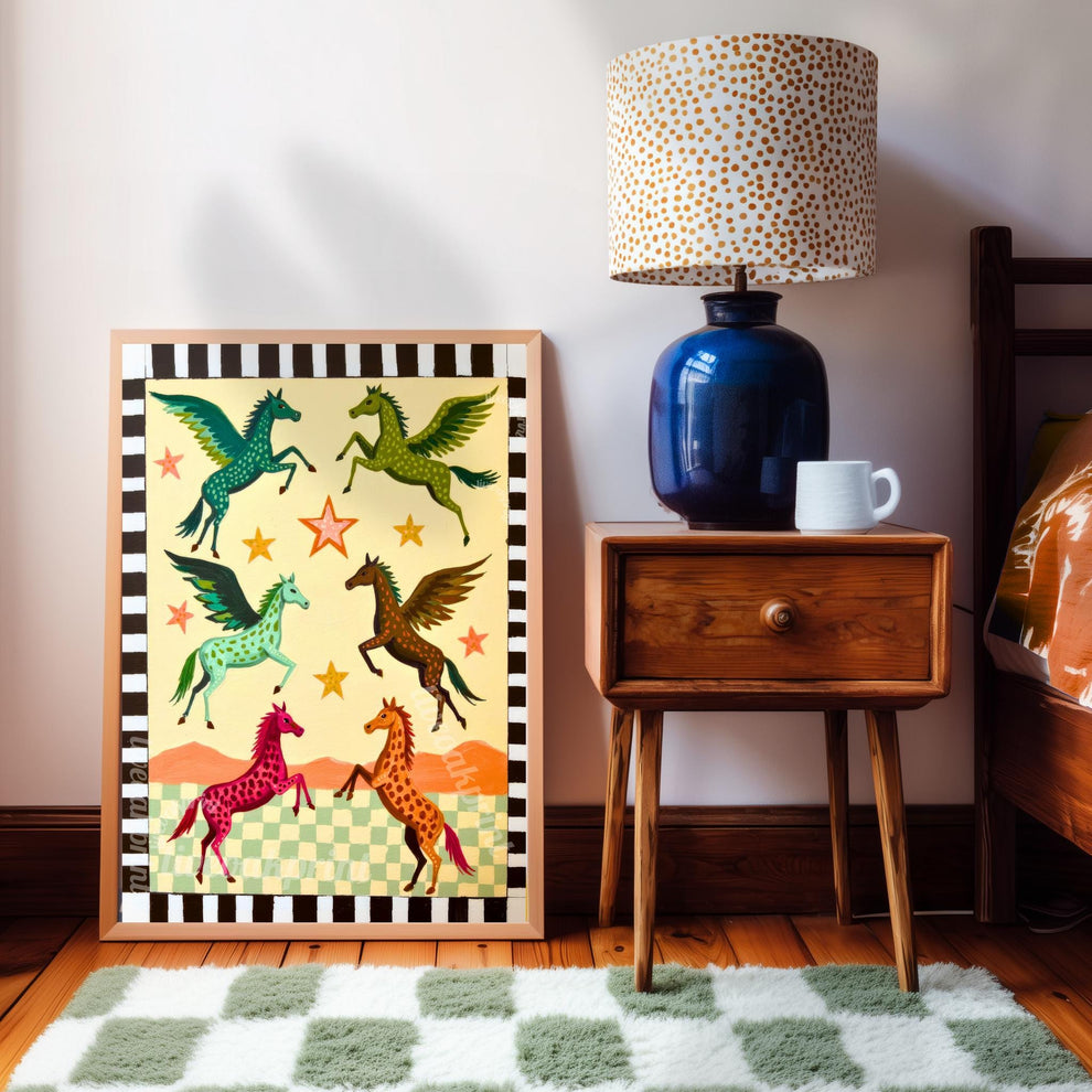 Folk Art Pegasus Print – Colorful Winged Horses Nursery Wall Art