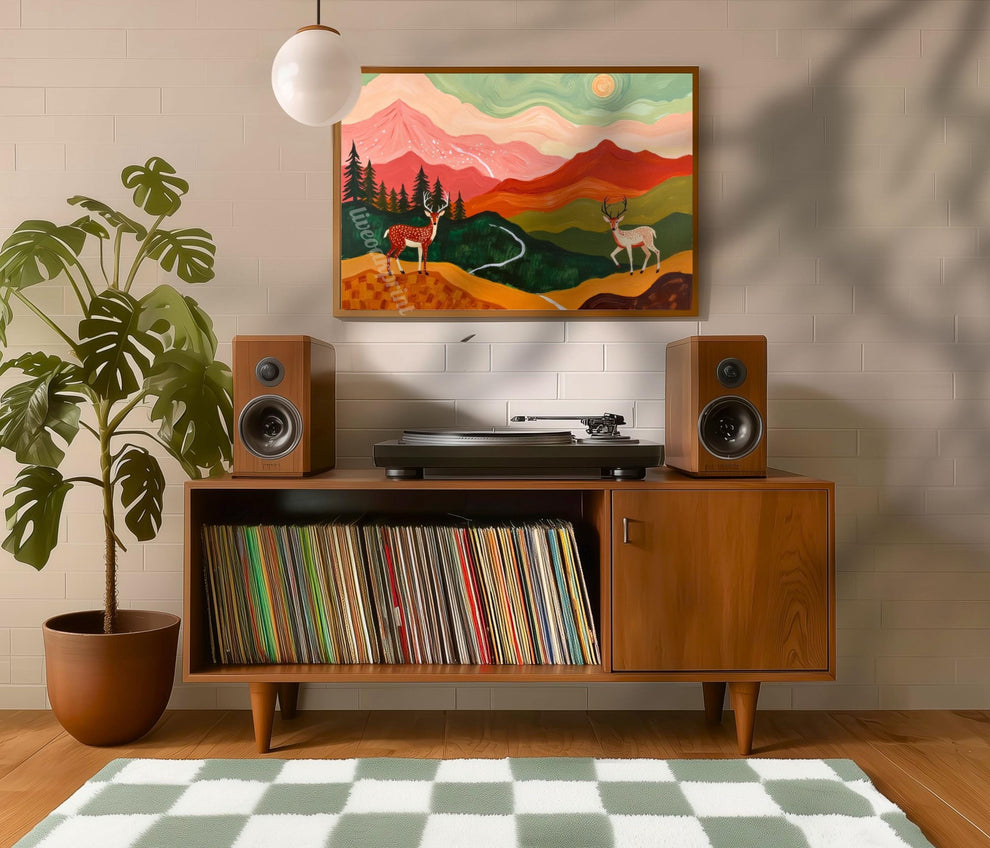 Horizontal Deer Print – Folk Art Mountain Landscape Wall Art Above Couch Nature Decor