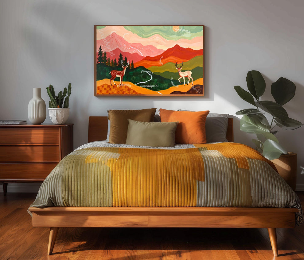 Horizontal Deer Print – Folk Art Mountain Landscape Wall Art Above Couch Nature Decor