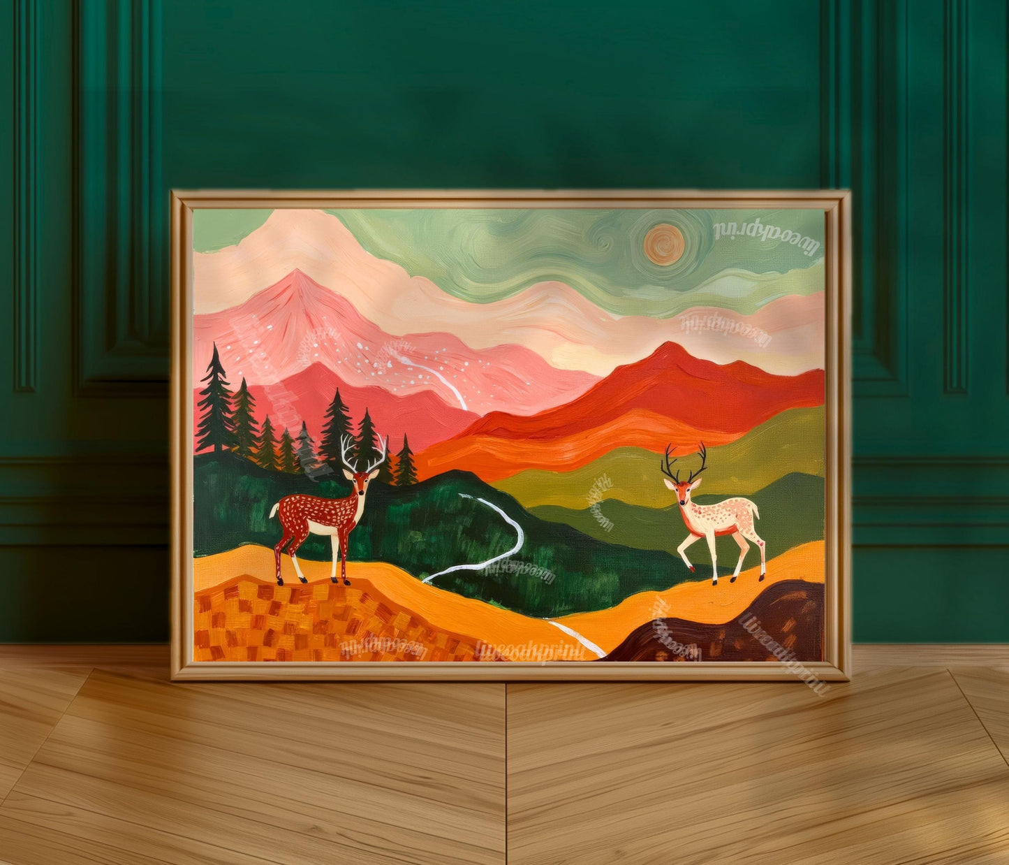 Horizontal Deer Print – Folk Art Mountain Landscape Wall Art Above Couch Nature Decor