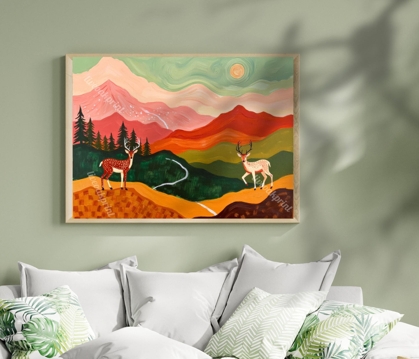Horizontal Deer Print – Folk Art Mountain Landscape Wall Art Above Couch Nature Decor