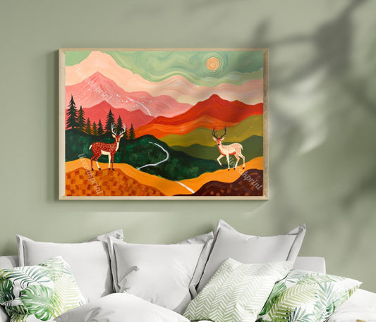 Horizontal Deer Print – Folk Art Mountain Landscape Wall Art Above Couch Nature Decor