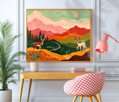 Horizontal Deer Print – Folk Art Mountain Landscape Wall Art Above Couch Nature Decor