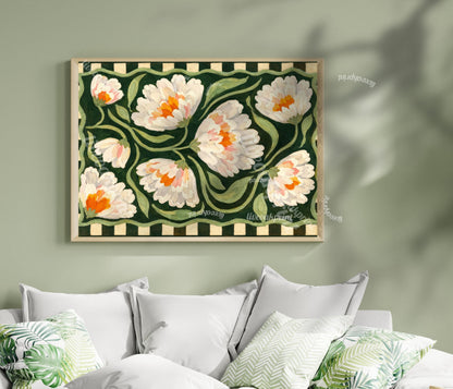 Horizontal Farmhouse Floral Art Print – Green Farmhouse Wall Art Above Couch Decor Cream Orange Modern Farmhouse Checkered Folk Art Gift