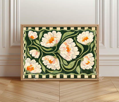 Horizontal Farmhouse Floral Art Print – Green Farmhouse Wall Art Above Couch Decor Cream Orange Modern Farmhouse Checkered Folk Art Gift
