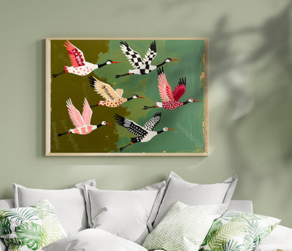 Mid Century Modern Cranes Print: Teal Folk Art Wall Decor