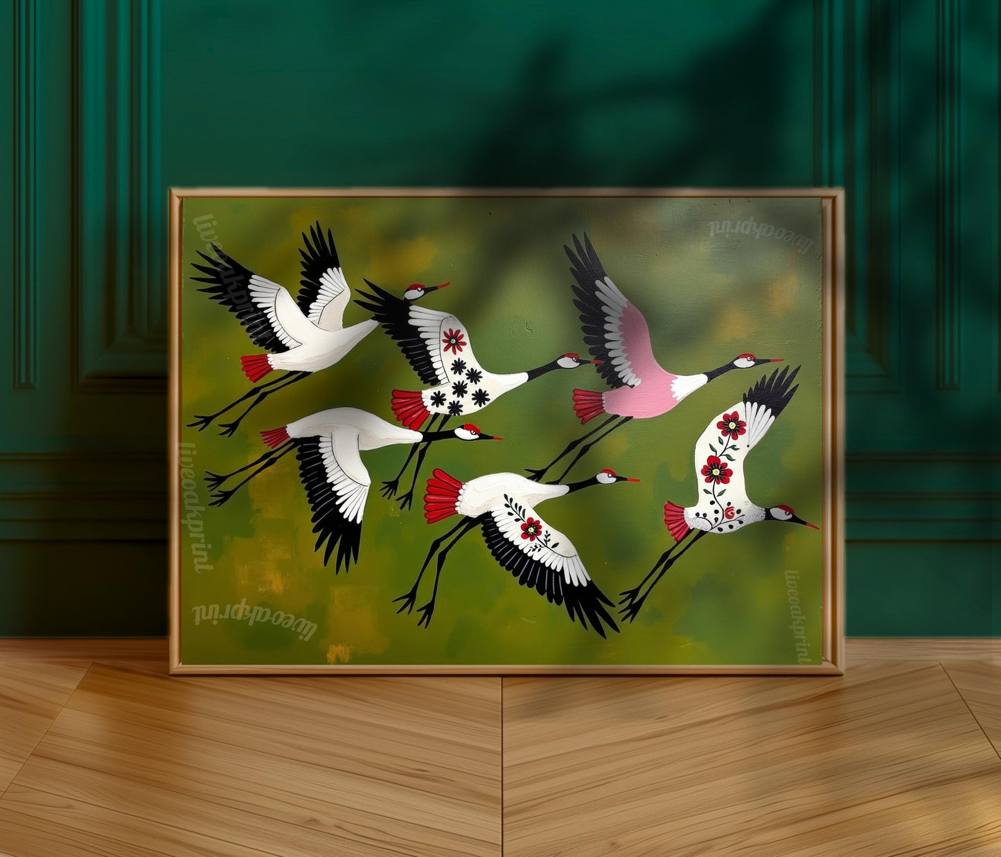 Japandi Crane Print – Japanese Cranes Mid Century Wall Art Decor