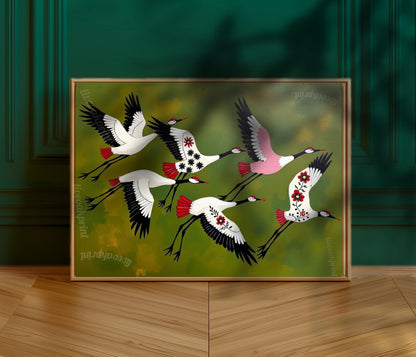 Japandi Crane Print – Japanese Cranes Mid Century Wall Art Decor