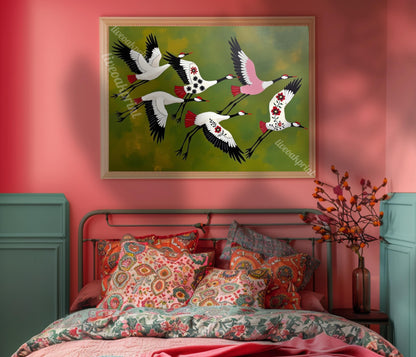 Japandi Crane Print – Japanese Cranes Mid Century Wall Art Decor
