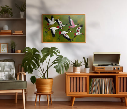 Japandi Crane Print – Japanese Cranes Mid Century Wall Art Decor