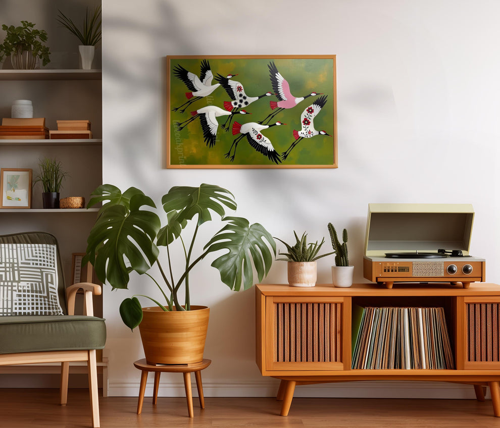 Japandi Crane Print – Japanese Cranes Mid Century Wall Art Decor