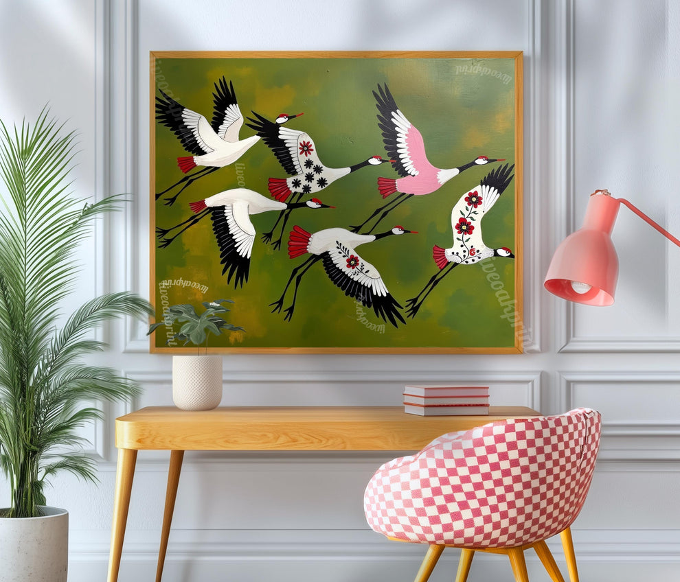 Japandi Crane Print – Japanese Cranes Mid Century Wall Art Decor