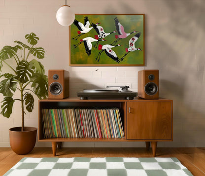 Japandi Crane Print – Japanese Cranes Mid Century Wall Art Decor