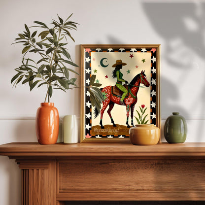 Cowgirl Riding Horse Print – Western Folk Art Boho Desert Night Moon Stars