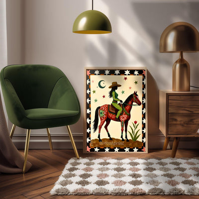 Cowgirl Riding Horse Print – Western Folk Art Boho Desert Night Moon Stars