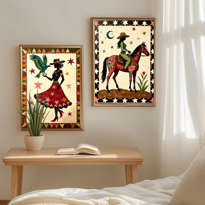 Cowgirl Folk Art Prints – Western Boho Silhouette Set, Bird and Horse Southwest Gallery Wall