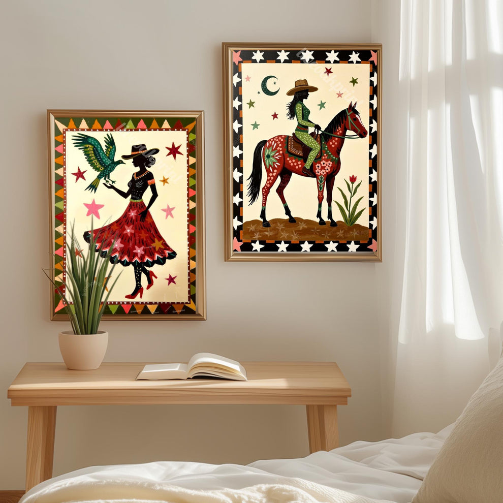 Cowgirl Folk Art Prints – Western Boho Silhouette Set, Bird and Horse Southwest Gallery Wall