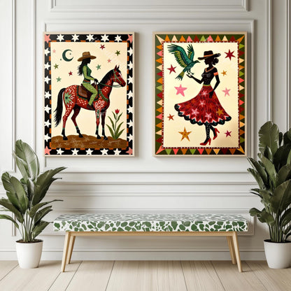 Cowgirl Folk Art Prints – Western Boho Silhouette Set, Bird and Horse Southwest Gallery Wall