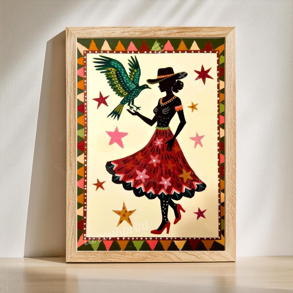 Cowgirl Folk Art Prints – Western Boho Silhouette Set, Bird and Horse Southwest Gallery Wall