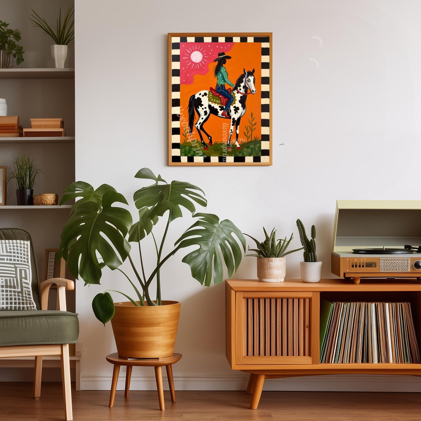 Pink Cowgirl Riding Horse Print: Western Folk Art Boho Southwest Desert Scene