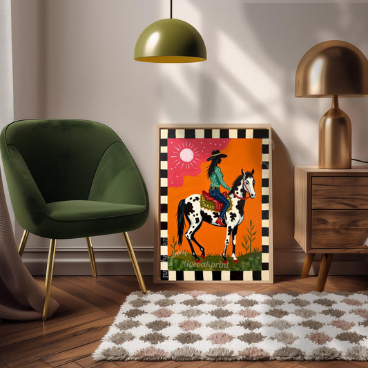 Pink Cowgirl Riding Horse Print: Western Folk Art Boho Southwest Desert Scene