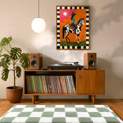 Pink Cowgirl Riding Horse Print: Western Folk Art Boho Southwest Desert Scene