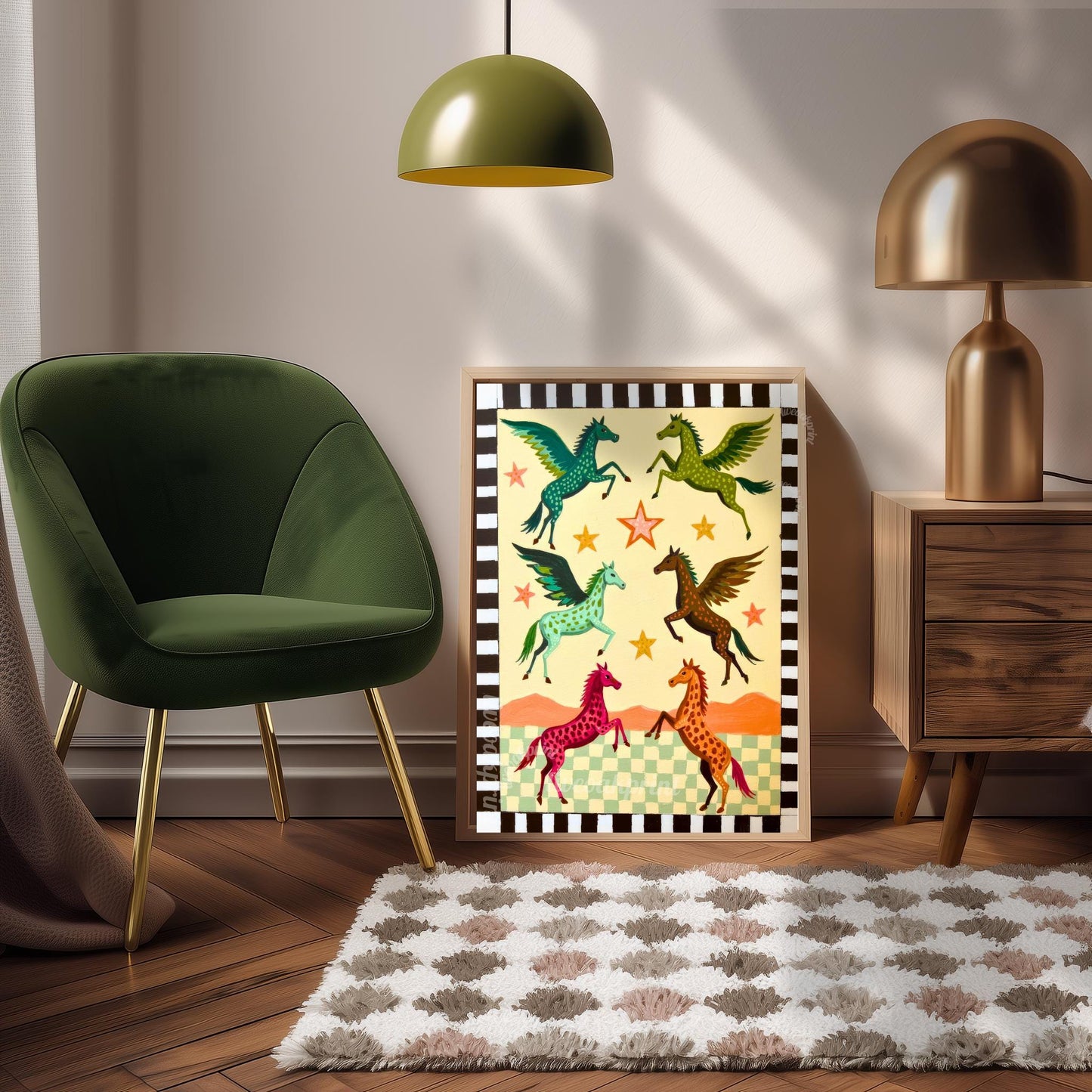 Folk Art Pegasus Print – Colorful Winged Horses Nursery Wall Art