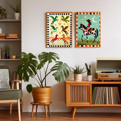 Folk Art Pegasus Print – Colorful Winged Horses Nursery Wall Art